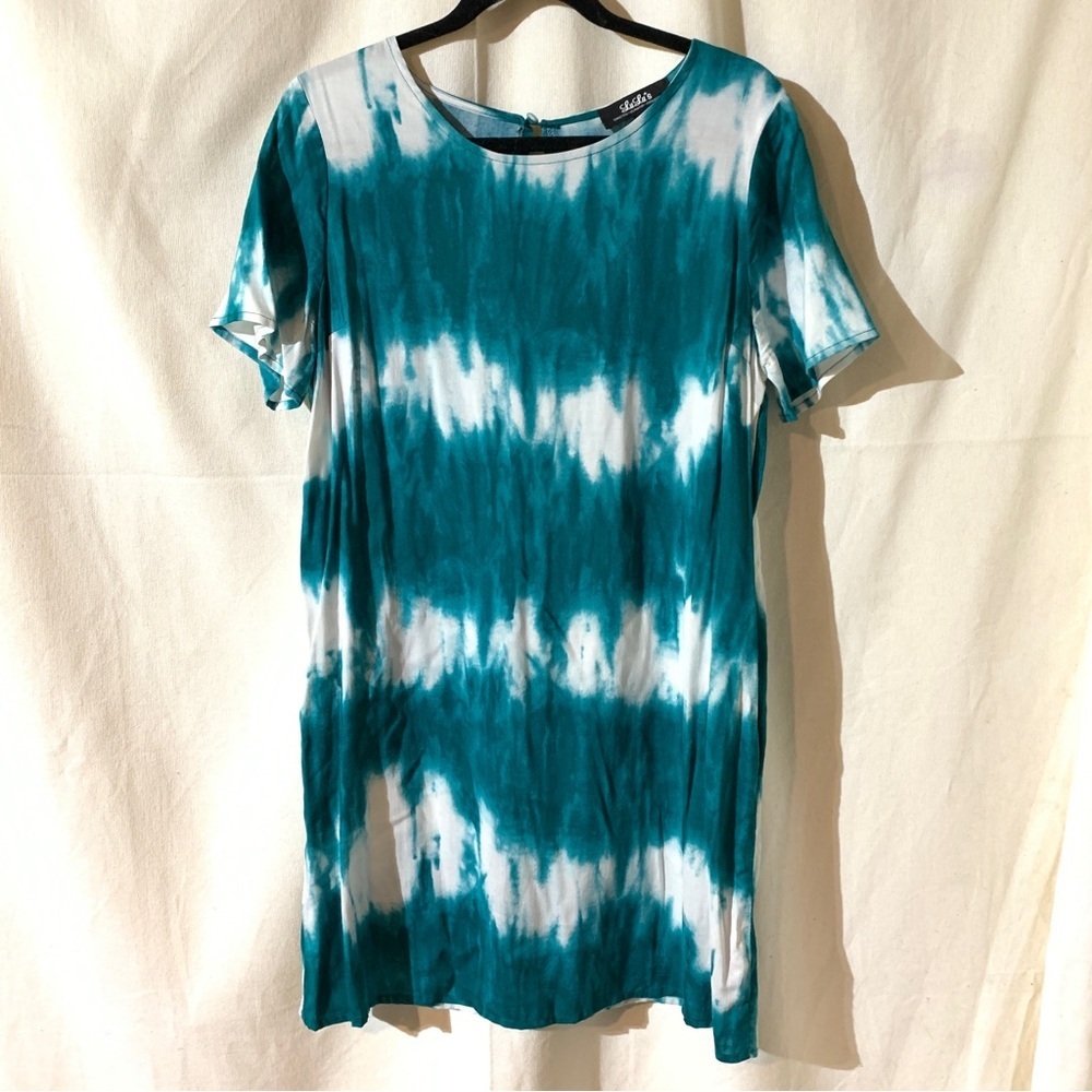 Lulus // teal, white tie dye stripe short sleeve shirt dress size large A26